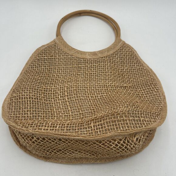 Handbag Tote Weaved Jute Floral Vase Design Wooden Handles Summer Beach Vacation - Picture 2 of 7
